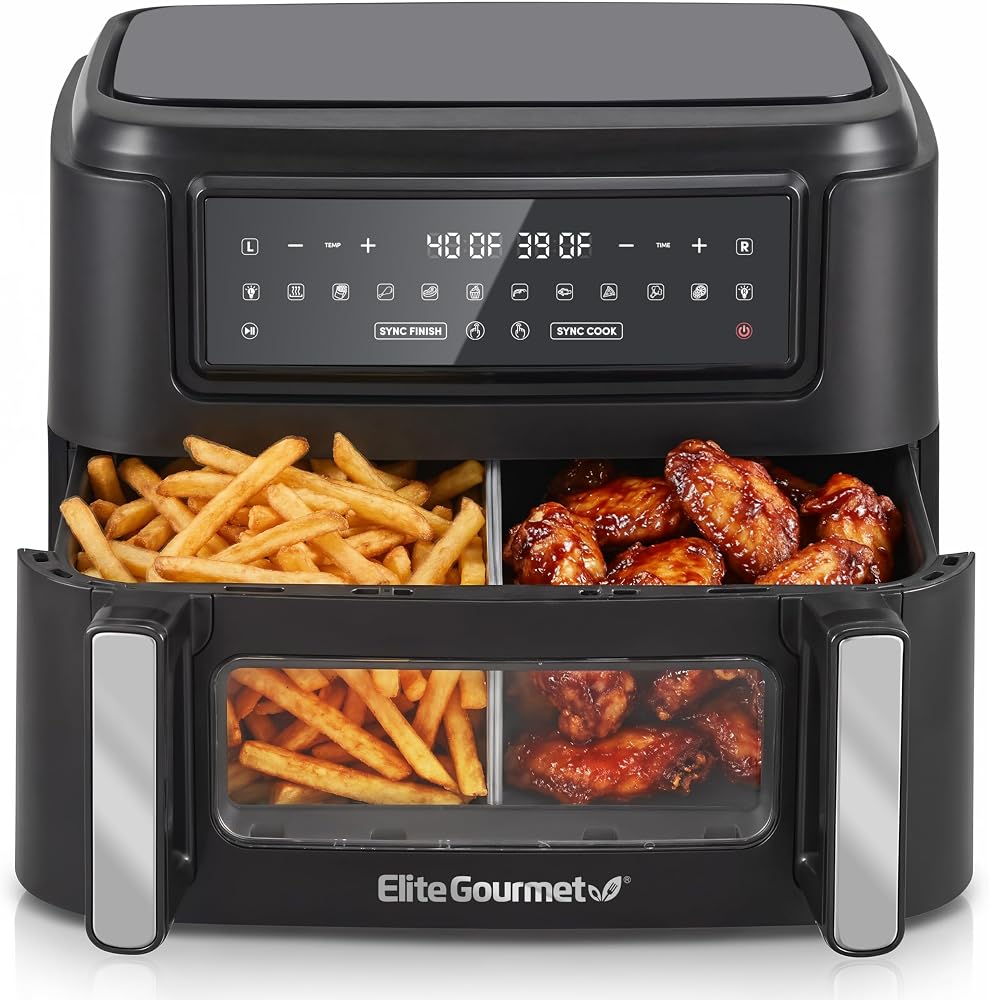 Elite Gourmet EAF1055D 11-Qt PFAS-free dual zone air fryer oven with removable divider