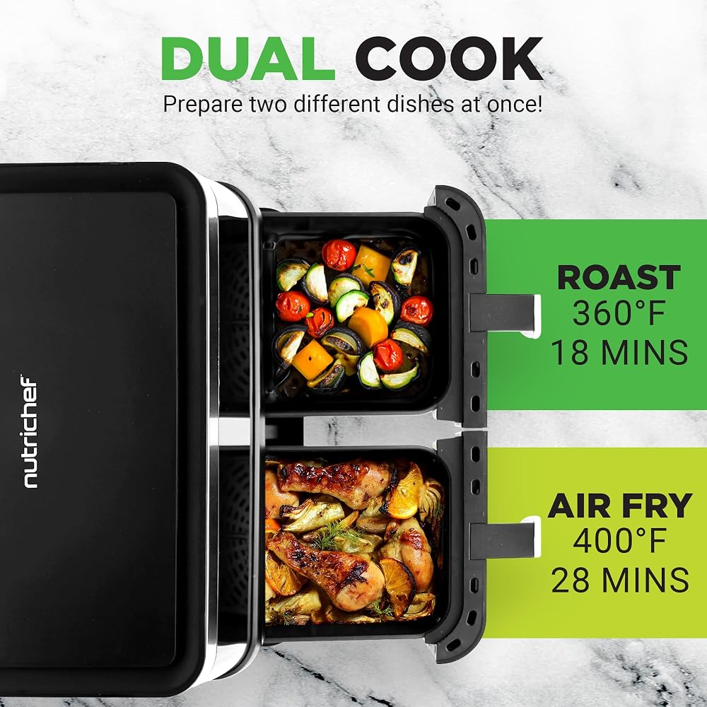 NutriChef 8.8-Qt dual baskets with transparent viewing windows